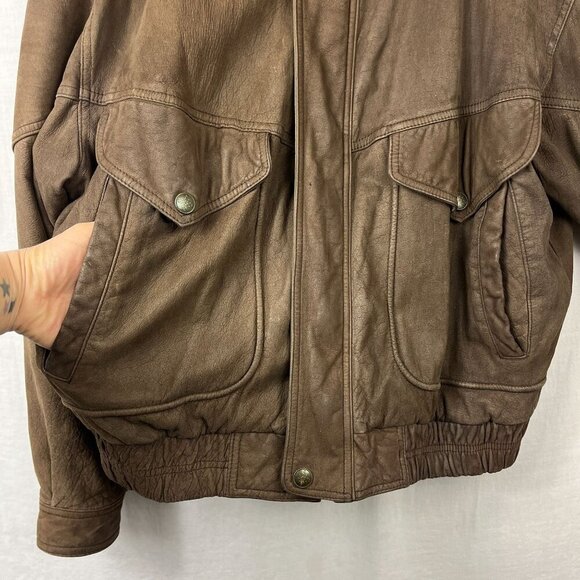 Vintage 90s Leather Bomber Jacket Men L Oversize Aviator Distressed Slouch Baggy - Picture 2 of 16